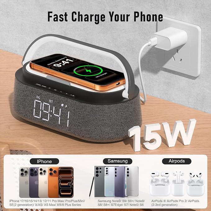 FREEFISH Bluetooth Speaker with Wireless Charger, FM Radio, Adjustable LED Night Light, Dual Wireless Speakers, Suitable for Decoration, Bedroom, Home, Office, Gift, Black