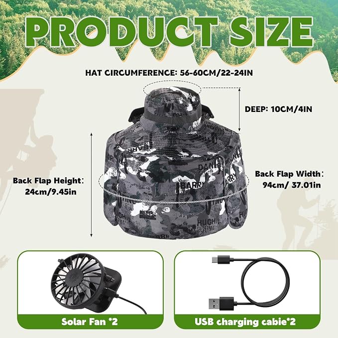 3 Pcs Solar Fan Hat with Arm Sleeves Neck Gaiter Wide Brim Sun Hat Solar Powered USB Charging for Men Women