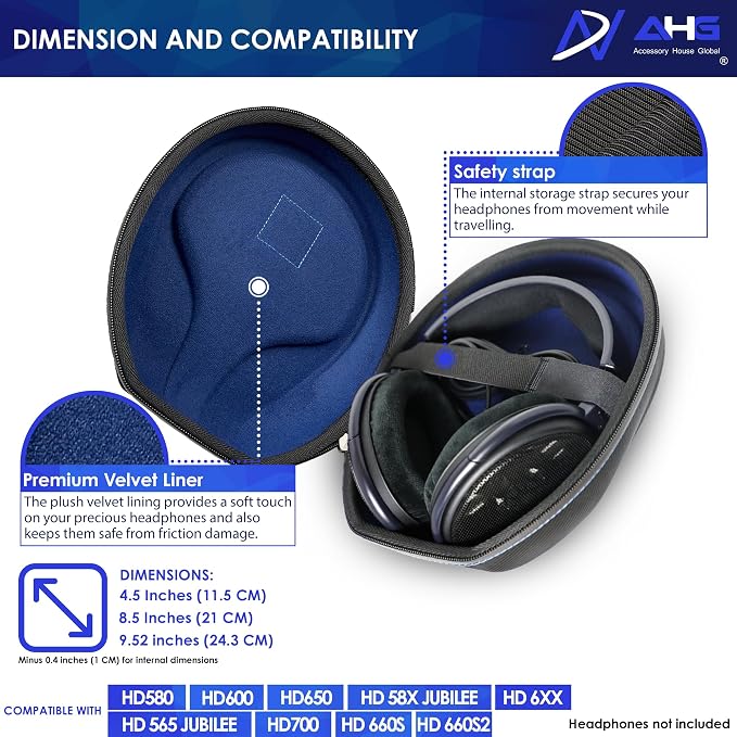 AHG Accessory House Global carrying case compatible with Sennheiser HD 650 HD 660S HD 660S2 HD600 Massdrop X HD 6XX HD58X Jubilee HD580 and HD565 headphones. Ultimate protection/Easy transport