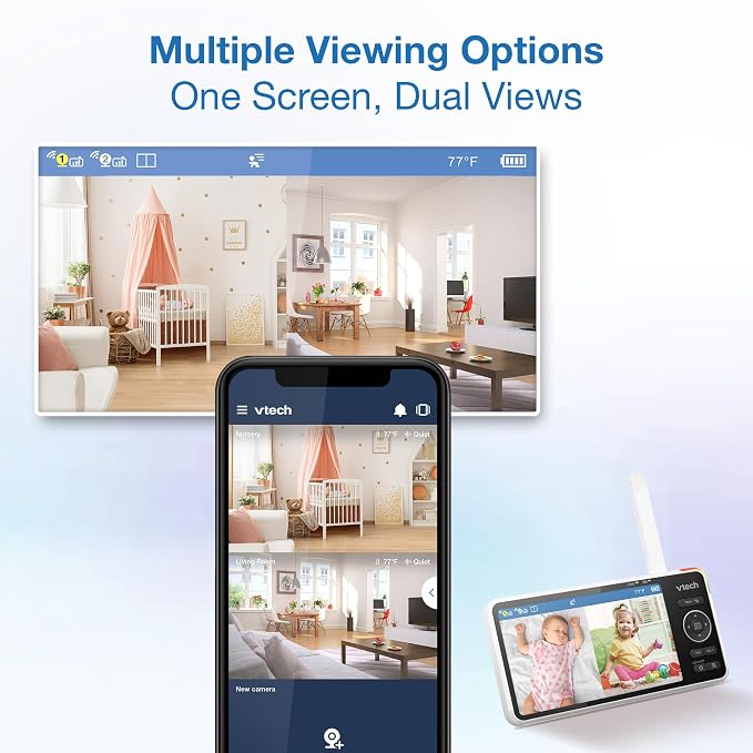 VTech Smart WiFi Baby Monitor, 2 Cameras for Twins & Two Rooms – 2K Split Screen, 5.5" Screen, 24X Zoom, Wide Angle, Free App, Night Light | Smart HD Plus Twin