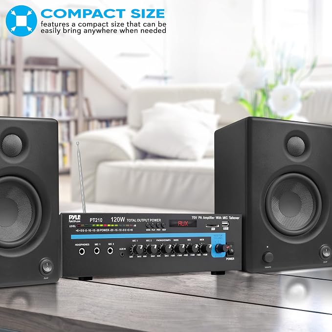 Pyle Home Compact Public Address Mono Amplifier - Professional 120 Watt Home Power Audio Sound PA Speaker Receiver System w/ RCA, Headphone, 2 Microphone Inputs, Independent Volume Control - PT210