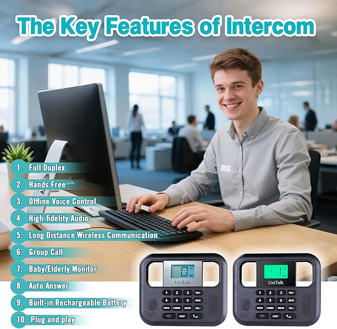 Wireless Intercoms for Home & Office, Two-Way Real-time Full-Duplex Voice System with Offline Voice Control,Group Call & Monitor Function, Clear Sound, Long Range Up to 1/4 Mile (UT-001-1F1P)