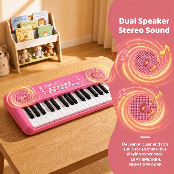 LeeQee 32 Keys Kids Keyboard Piano with Microphone, Double Speakers Toddler Piano Toy for Boys Girls Age 3-6, Portable Educational Musical Instrument, Birthday Gifts (Strawberry Red)