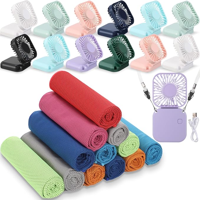 Hortsun 12 Personal Necklace Fan 12 Cooling Towels USB Rechargeable Battery 3 Speed Handheld Fan Portable Neck Hanging Fans Cooling Rags Bulk for Yoga, Sport, Camping, Fitness(Dark Color)