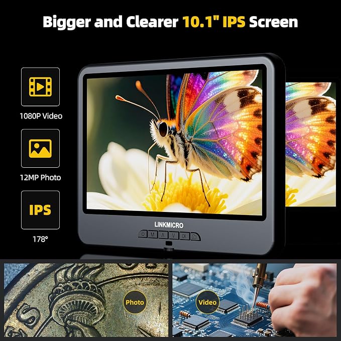 LM109A 10.1'' Digital Microscope with Flex Arm Stand, Soldering Microscope for Adults Electronics, 56 LED Ring Light, Full View Coins Camera Magnifier 260X, PC View