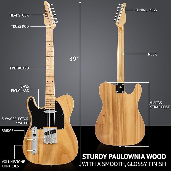 LyxPro 39” Electric Guitar Left Hand TL Series, Full-Size Paulownia Wood Body, 3-Ply Pickguard, C-Shape Neck, Ashtray Bridge, Quality Gear Tuners, 3-Way Switch & Volume/Tone Controls, 2 Picks, Natural