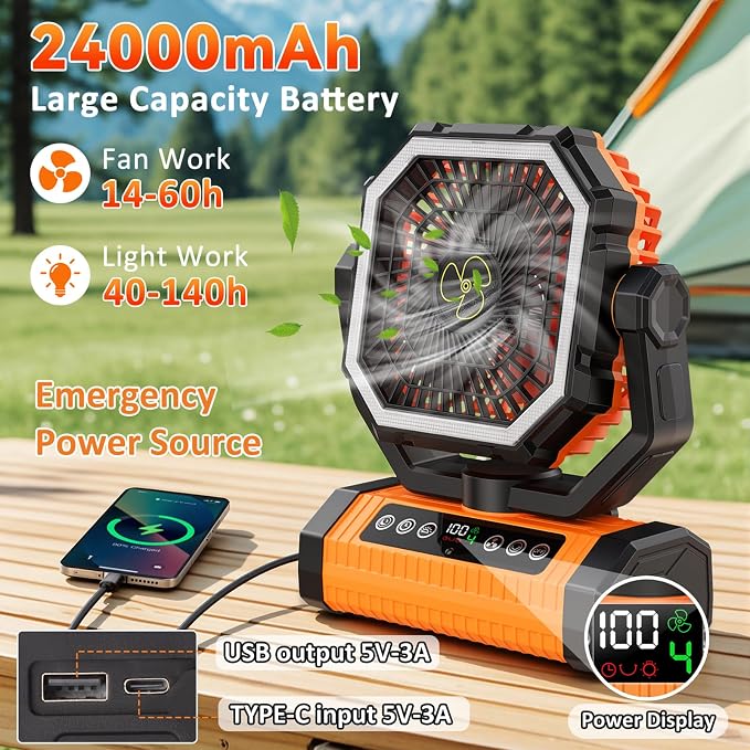 Camping Fan Rechargeable, 24000mAh Battery Powered Fan with Digital Display, 4 Speed Rechargeable Fans Portable with Remote, Cordless Battery Operated Fans with LED Light and Hanging Hook for Outdoor