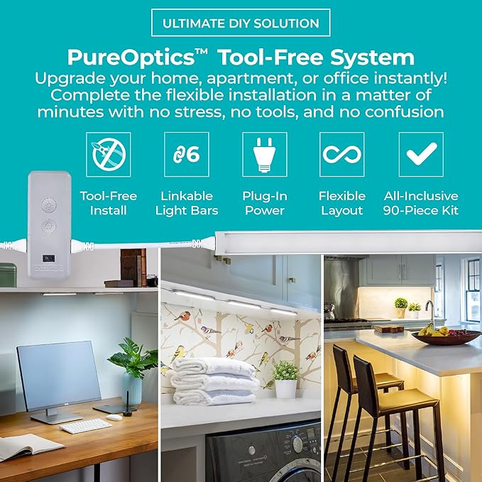 PureOptics LED Works with Alexa Smart Under Cabinet Lighting Kit, Adjustable LEDs, (6) 9" Bars, White
