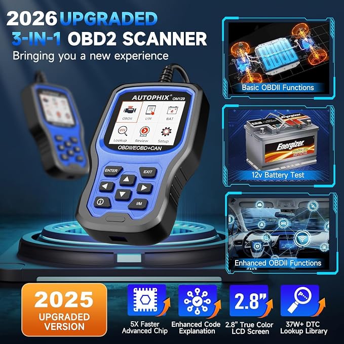 AUTOPHIX OM129P OBD2 Scanner, Check Engine Light Code Reader with Live Data, Car Scanner, Pass Smog Test and 12V Battery Test, All OBD2 Function with Code Definition & Lifetime Free Updates