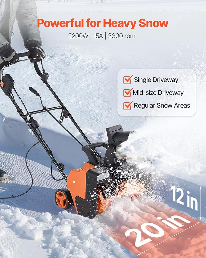 VEVOR Corded Electric Snow Blower, 20 inch 15A Snow Thrower with Dual LED Headlights & 180° Rotating Chute, 25FT Throwing Distance, 12" Depth Clearing, Walk-Behind Snowblower for Driveway Sidewalk