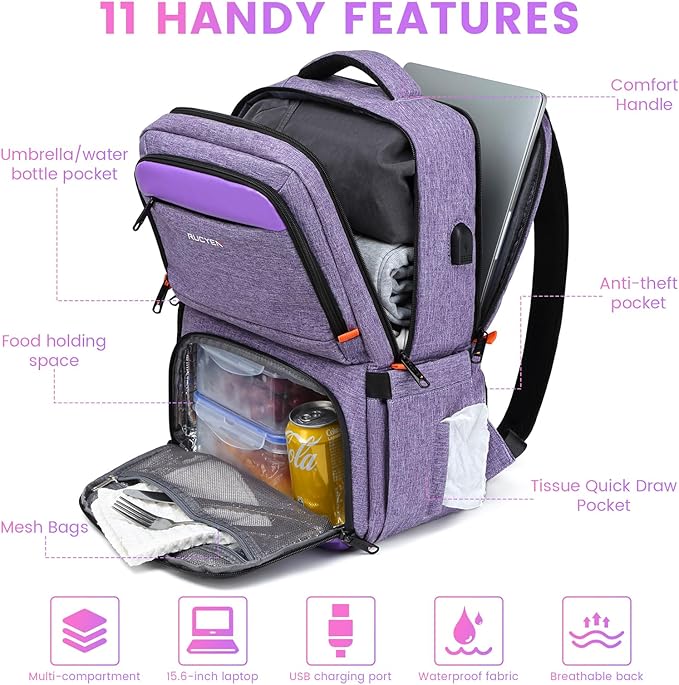 RUCYEN Lunch Backpack, Insulated Cooler Backpack Lunch Box for Women, 15.6 Inch RFID Blocking Laptop Backpack with USB Port, for Work Travel Picnics Hiking Purple