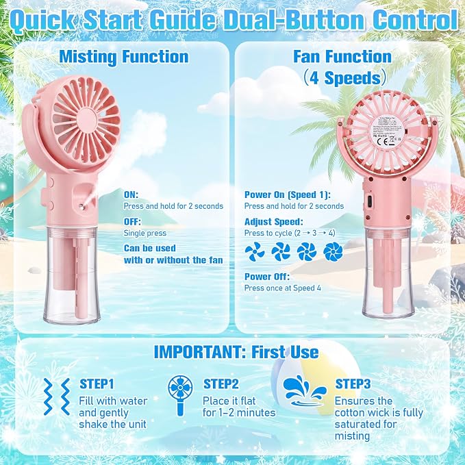 12 Pack Misting Fans Portable Handheld Rechargeable Handheld Spray Fans with 25ml Water Tank 4-speed Personal Cooling Fan, Usb-c Mini Hand Fan for Travel Outdoor Sports Camping Office Home