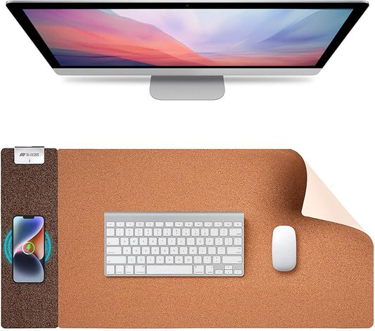 3-in-1 Eco Cork Wireless Charging Mouse Pad, Dual-Sided Fast Charge Mouse Mat, Extra Large Waterproof Office & Makeup Desk Protector, Qi-Certified Desk Pad for iPhone/Samsung/AirPods