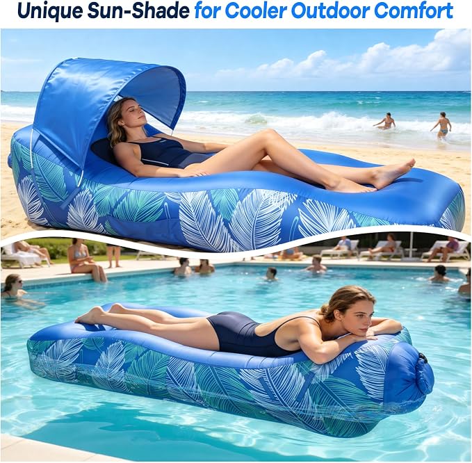 Inflatable Lounger Air Sofa with Unique Sun-Shade, Waterproof Inflatable Beach Bed with Electric Pump, Lightweight Air Hammock Chair for Hiking Backyard Travel Beach Park Picnics（Blue）