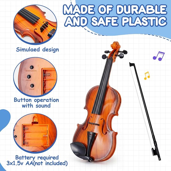 Lewtemi Kids Violin Toy, Fake Electronic Plastic Mini Violin with Melodies, Non-Professional Musical Instrument for Preschool Education, Early Learning Toy for Children Birthday Gift(Reddish Brown)