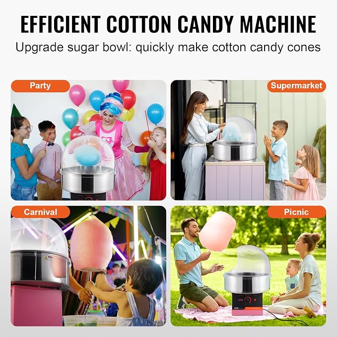 VEVOR Cotton Candy Machine Commercial, 1000W Electric Floss Maker with Cover, Stainless Steel Bowl, Sugar Scoop, Storage Drawer, Perfect for Home, Carnival, Kids Birthday, Family Party, Pink