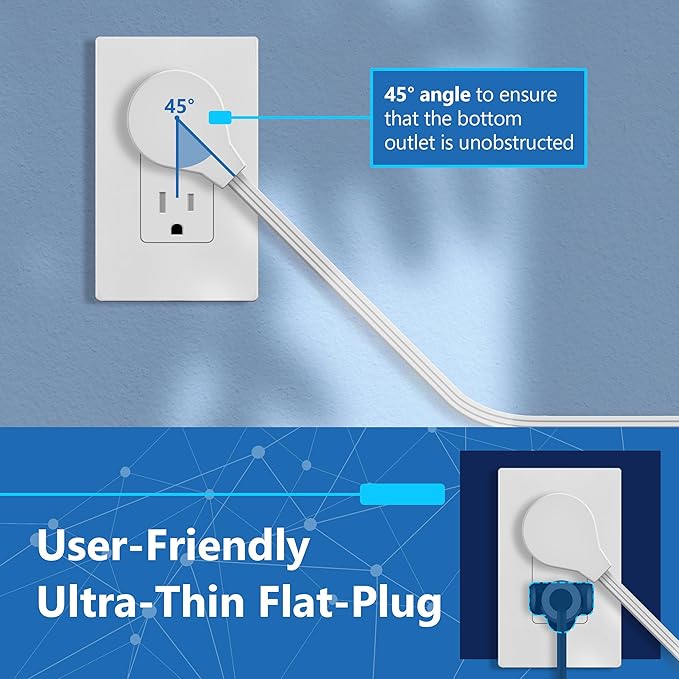 LIDER Outlet Extender with 6 Receptacles, USB-A and 2 USB-C, Ultra-Thin Flat-Plug, 6-Outlet Power Strip, Slim Angled Design, Surge Protector, 1500 Joules, 5ft Cord, UL-Listed, White, 2 Pack