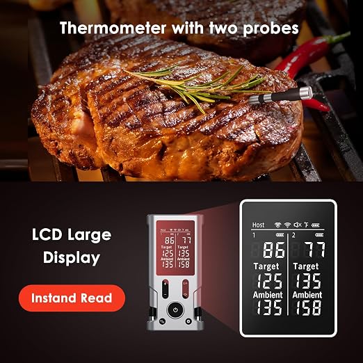Wireless Meat Thermometer, 800FT Bluetooth Cooking Thermometer, 2 Ultra-Thin Probes, LCD Display, Digital Food Thermometer for Grill, BBQ, Smoker, Air Fryer, Rotisserie