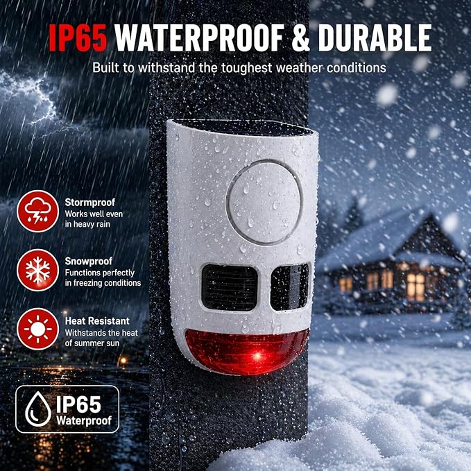 ChunHee Solar Motion Sensor Alarm Outdoor 4 Working Mode Dog Barking Motion Activated Alarm 129dB Loud Sound Noise Maker IP65 Waterproof Motion Detector with Strobe Light for Yard Farm Garden 6Pack