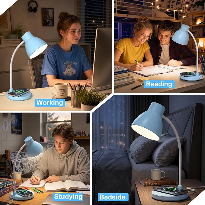 Desk Lamps for Home Office - LED Desk Lamp with Wireless Charger, 3 Color Modes Dimmable Eye-Caring Study Reading Desk Light, Small Flexible Arm Table Lamp for College Dorm Room Bedside, Blue