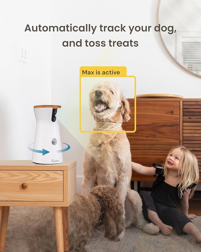 Furbo 360° Dog Camera: Basic See, Talk & Toss Features, No AI Alerts, No Subscription Required, Pet Security Cam w/Barking Alerts, Rotating View, Treat Toss, 2-Way Audio, Smart Home Puppy Monitoring