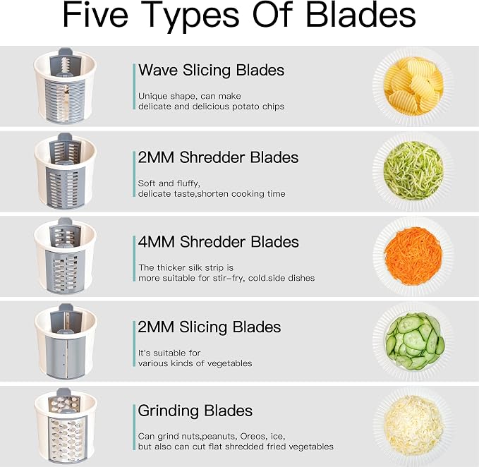 Electric Cheese Grater, Salad Maker With 5 Different Shapes of Blades, One-Touch Easy Control, With Safety Push Bar Cheese Grater Electric, Salad Shooter Electric Slicer/Shredder