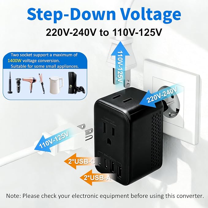 Travel Adapter Voltage Converter US to Europe Power Adapter Step Down Transformer 220V to 110V with 2 USB A 2 USB C & UK/AU/US/EU/﻿South Africa for Hair Dryer (Black)