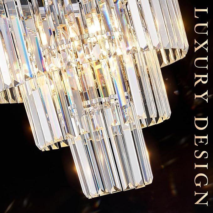 CATINER Modern Chrome Crystal Chandeliers 16" Small Pendant Light Luxury 3 Tiers 6-Light K9 Crystal Ceiling Pendant Round Light Fixture for Dining Room Entryway Kitchen Bedroom Closet