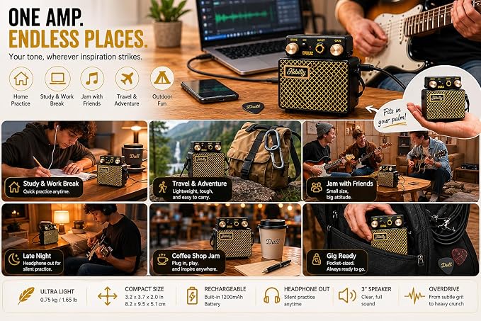 Mini Pocket Guitar Amplifier and Micro Amp for Professional Performances and Practice Sessions Color (Darkling Black - Dull 3 Guitar)