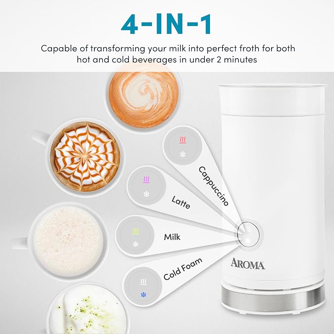 AROMA® 4-in-1 Cold & Warm Milk Frother and Steamer with Auto-Off One-Touch Controls (200ml)