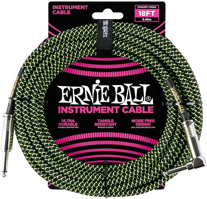 Ernie Ball Braided Instrument Cable, Straight/Angle, 18ft, Neon Green/Black (P06082)