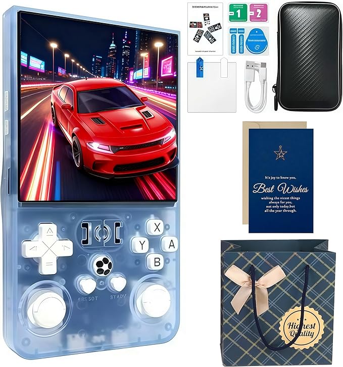 MYCHA R36MAX Retro Handheld Game Console Holiday Set with Accessory Kit - 4 Inch HD Screen, 128GB 21000 Classic Games, Portable Gaming for Adults (Glacial Blue Set)