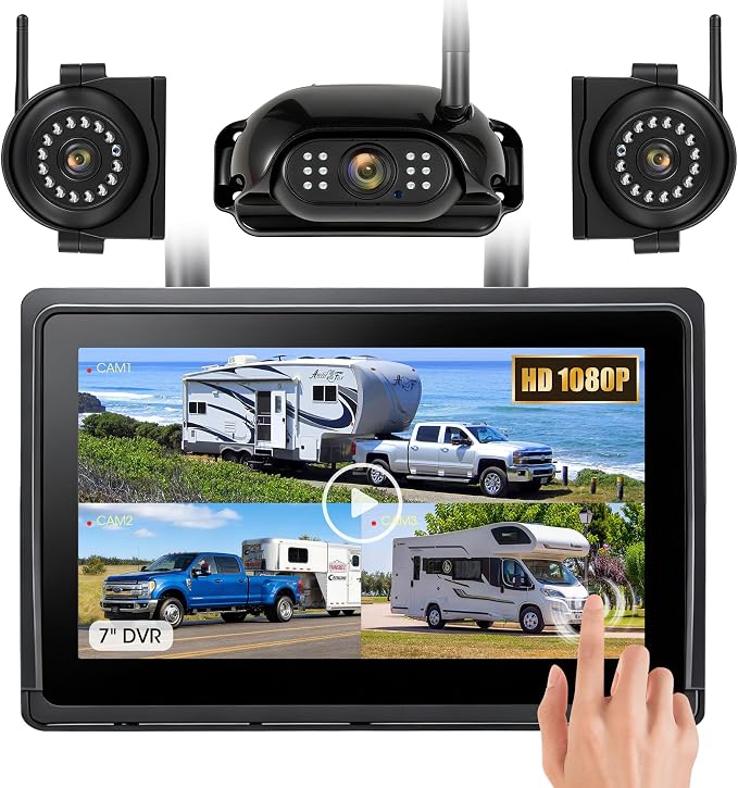 Wireless RV Backup Camera System 7" 1080P Touch Screen & 3 Cameras, Compatible with Furrion Pre-Wired Plug, DVR Monitor & Waterproof Night Vision Rear Side View Camera for Trailer Truck