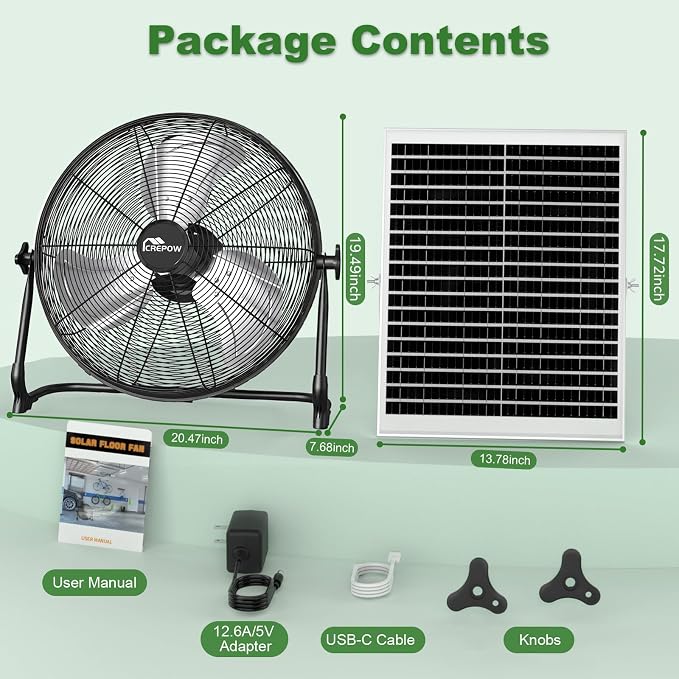 16" Solar Powered Floor Fan, Rechargeable Battery Operated Floor Fans with USB&Type C Output, 4-25H Runtime,Quiet Cordless Outdoor Fan for Outside Camping Greenhouse Shed Home Patio