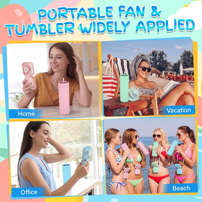 Reallnaive 6 Pcs Skinny Tumbler Bulk and Mini Portable Fans Set for Summer, 16 oz Plastic Cups with Lids Straws and Small USB Rechargeable Handheld Fan for Cooling Gift (Pink,Light Blue,Turquoise)