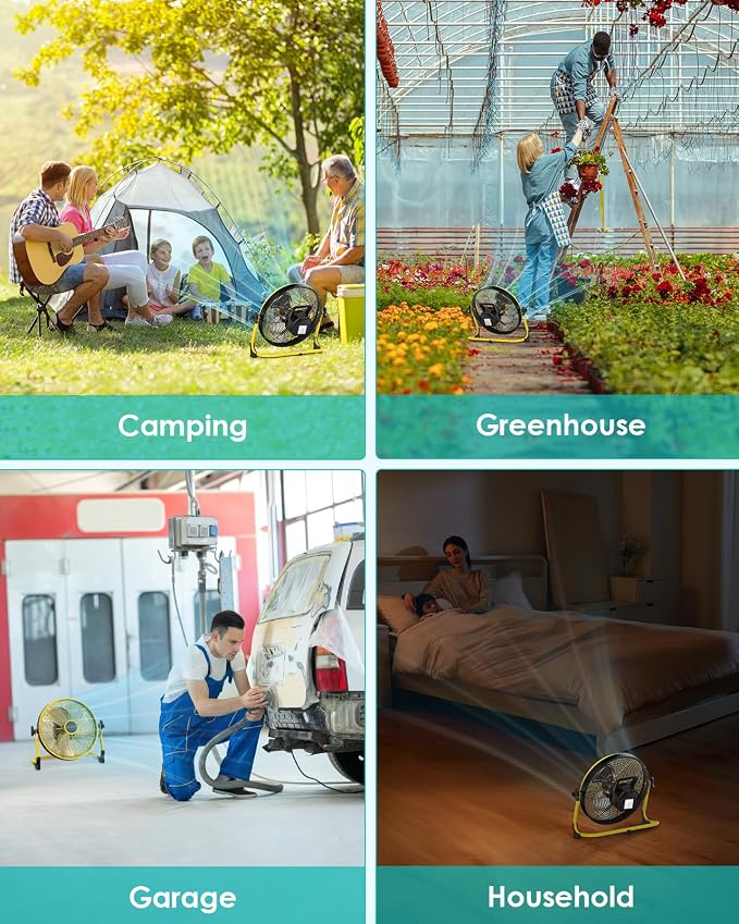 ZHULI 11" Portable Battery Operated Floor Fan, Rechargeable Cordless Camping Fan, Hi-Velocity Brushless Motor, Metal blade, USB Phone Charge, 8~60H Runtime, Quiet, Wireless, For Outdoor Home Workshop