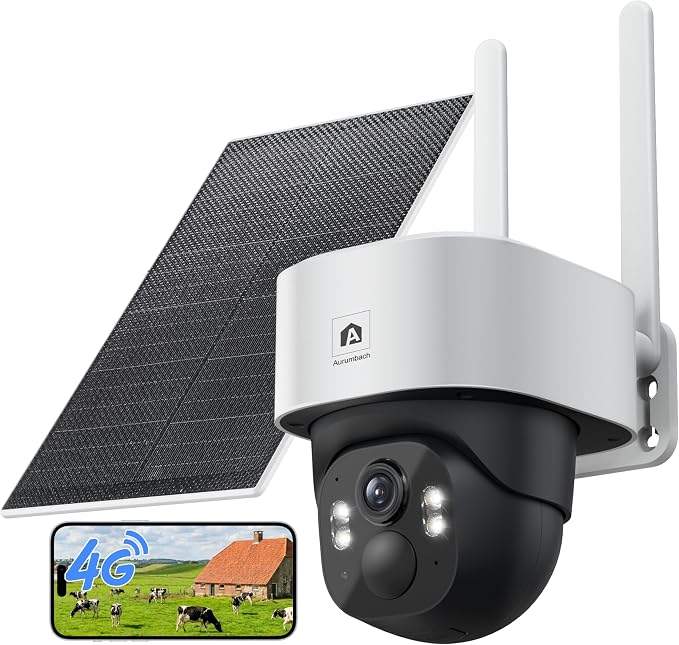 Aurumbach 4G LTE Cellular Solar Security Camera Wireless Outdoor, No WiFi Solar Powered Cameras, 4MP PTZ 360° View, Motion Tracking, Color Night Vision, AI Detection, Built-in eSIM