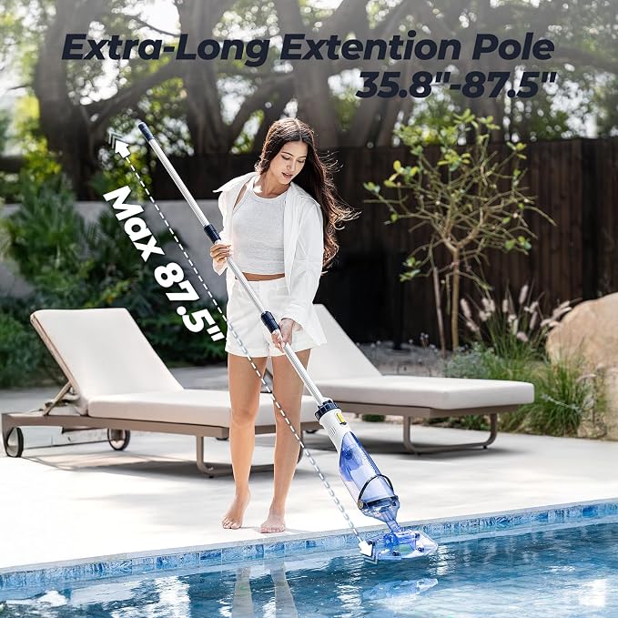 Pool Vacuum for Above Ground Pool, JESIMAIK 18.5 GPM Powerful Suction Pool Vacuum with Telescopic Pole, 60min Runtime Dual Head Rechargeable Pool Cleaner,Ideal for Leaves, Debris