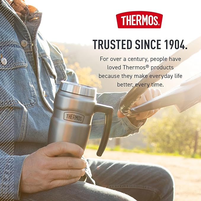 THERMOS Stainless King Vacuum-Insulated Travel Mug with Handle - 16oz, Matte Light Blue Tumbler for Hot & Cold Drinks - Leak & Sweat-Proof Stainless Steel Coffee Mug with Lid for Commuting