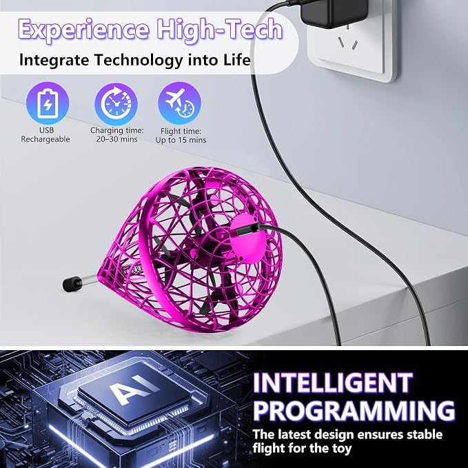 Tikduck 2026 Flying Bouncing Ball Toy - USB Rechargeable, Hand-Controlled with 3D Flips & Multi-Player Fun - Interactive Orb Toy for Kids, Teens & Adults - Indoor & Outdoor Play (Purple)