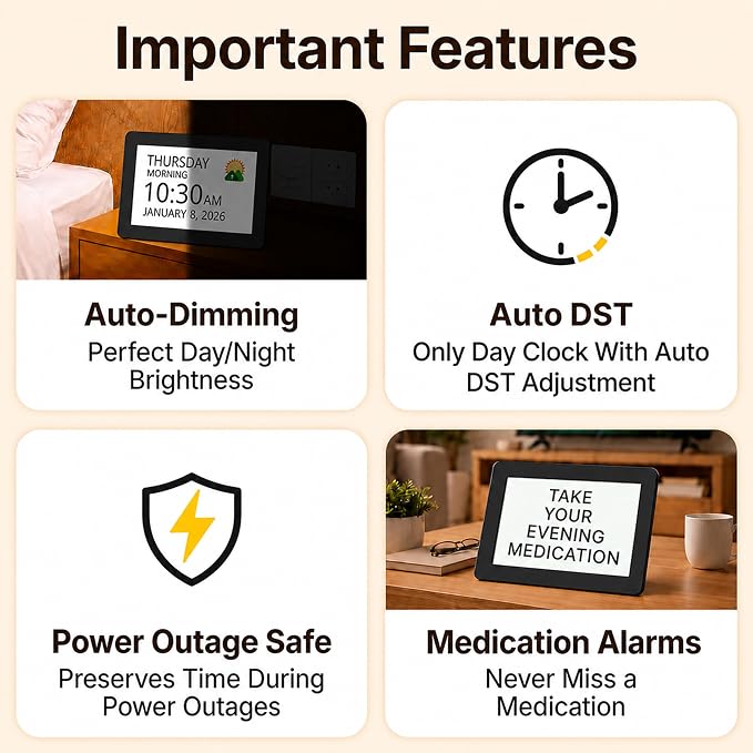 Robin Clock 2026 with Day and Date for Elderly, Clocks for Seniors, Dementia Clock, Digital Calendar Elderly, Bedside Clocks Seniors, Alzheimers Products, Dementia Clocks Large, Black