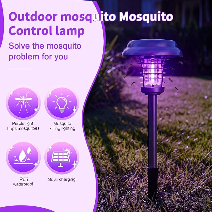 4 Pcs Solar Bug Zapper Outdoor Waterproof Mosquito Repellent light Solar Power Fly Killer lamps for Moths, Gnats, Fly, Small Flying Insect Backyard Garden Lawn (Stainless Steel,Purple & Colored Light)