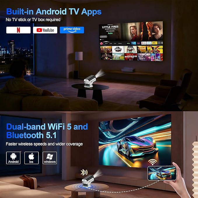 Mini Projector with WiFi and Bluetooth, Built-in App Smart Portable Projector 4K Support, Auto Keystone 180° Rotatable, Android 13 OS, Compatible with Smartphone/Laptop/TV Stick/HDMI/USB