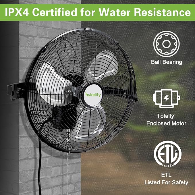 hykolity 3000 CFM 14 in. Outdoor Wall Mount Fan, 3-Speed Industrial Grade High Velocity Outdoor Fans, Black Waterproof Wall Fan for Patio, Garage, Commercial, and Gazebo - ETL Listed
