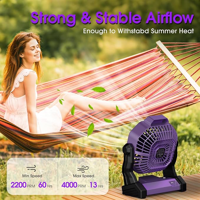 JINLICTE Portable Camping Fan, Rechargeable Battery Powered Tent Fans for Camp Hanging, [13-60Hrs Runtime], 9 Inch, Stepless Speed, Powerful&Quiet, for Picnic, Barbecue, Fishing, Travel, Home, Tent