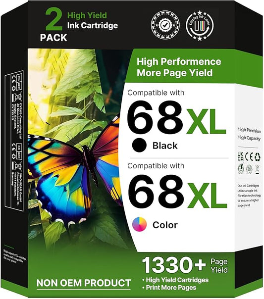 68XL 68e for HP 68 Ink Cartridges, Compatible for HP Ink 68, High Yield for HP 68 Ink Cartridges Black/Color Combo Pack Work with Envy 6155e 6555e 6152e 6100e 6552e 6558e 6500e (1 Black, 1 Tri-Color)