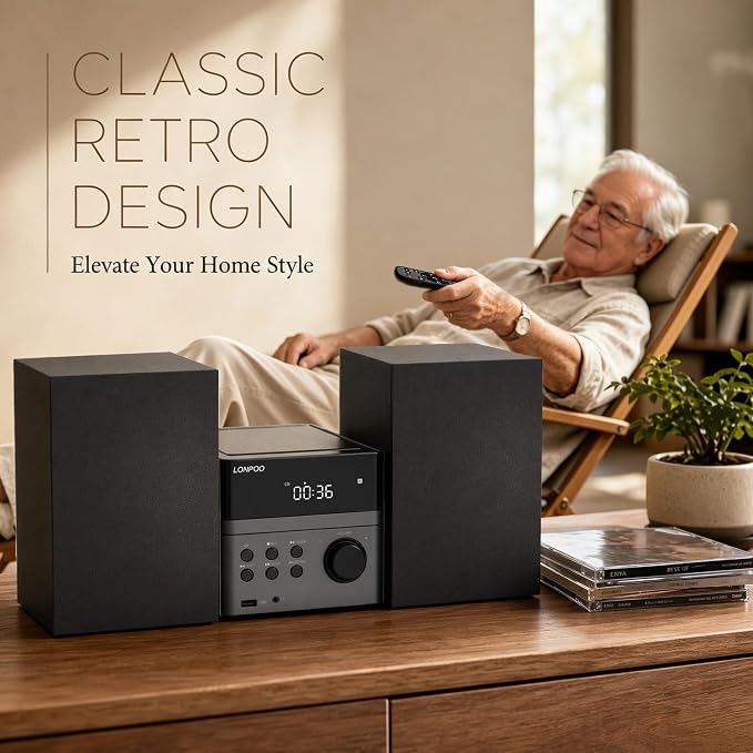 Home CD Stereo Shelf System, 30W Micro HiFi System (with CD Player, FM Radio, Bluetooth 5.3, USB Playback, AUX-in, Headphone Jack, Remote Control, DSP-Tech