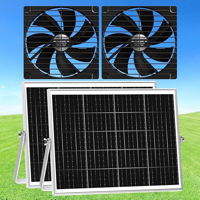 7.5" Solar Chicken Coop Fan 2 Pack, 15W x 2 Solar Powered Greenhouse Fan, Solar Exhaust & Intake Fans Outdoor Waterproof, for Doghouse Shed Pet Air Circulation Ventilation Cooling, No Battery