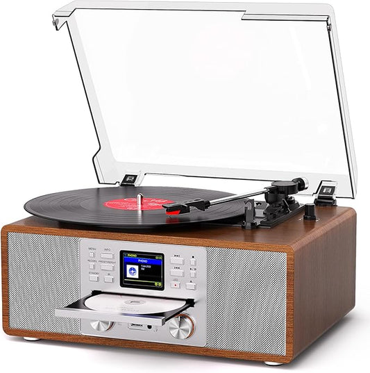 10-in-1 Retro Bluetooth Record Player with Built-in Stereo Speakers | All-in-One 3-Speed Turntable for Vinyl, CD, MP3, USB/SD, Internet Radio | MP3 Recording | Vintage Multimedia Center