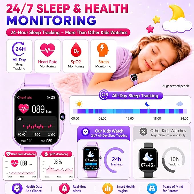 Smart Watch for Kids, 1.85" Fitness Tracker with Camera, Game, Music, SOS, AI, Alarm Clock, Video,Parent Control, 24/7 Heart Rate Sleep Monitor, 100+ Sport Modes, IP68 Waterproof, Gifts for Boys Girls